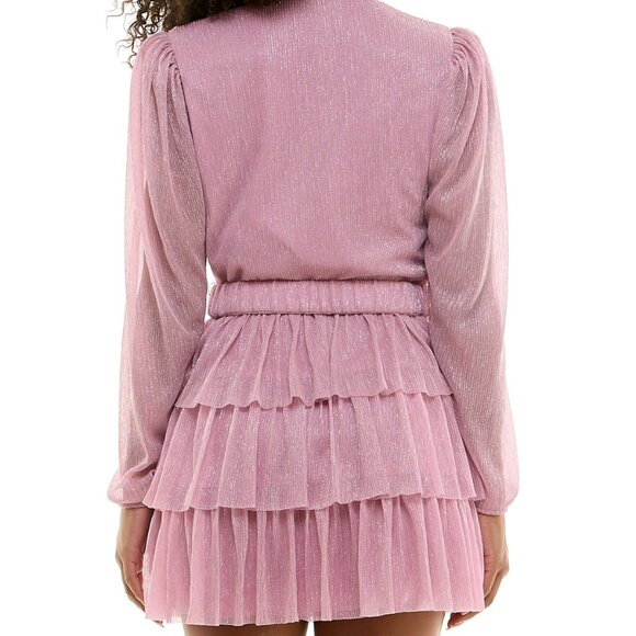 B Darlin Juniors’ Metallic V-Neck Belted Tiered Dress – Pink – NWT – Size 3/4 - Picture 4 of 4